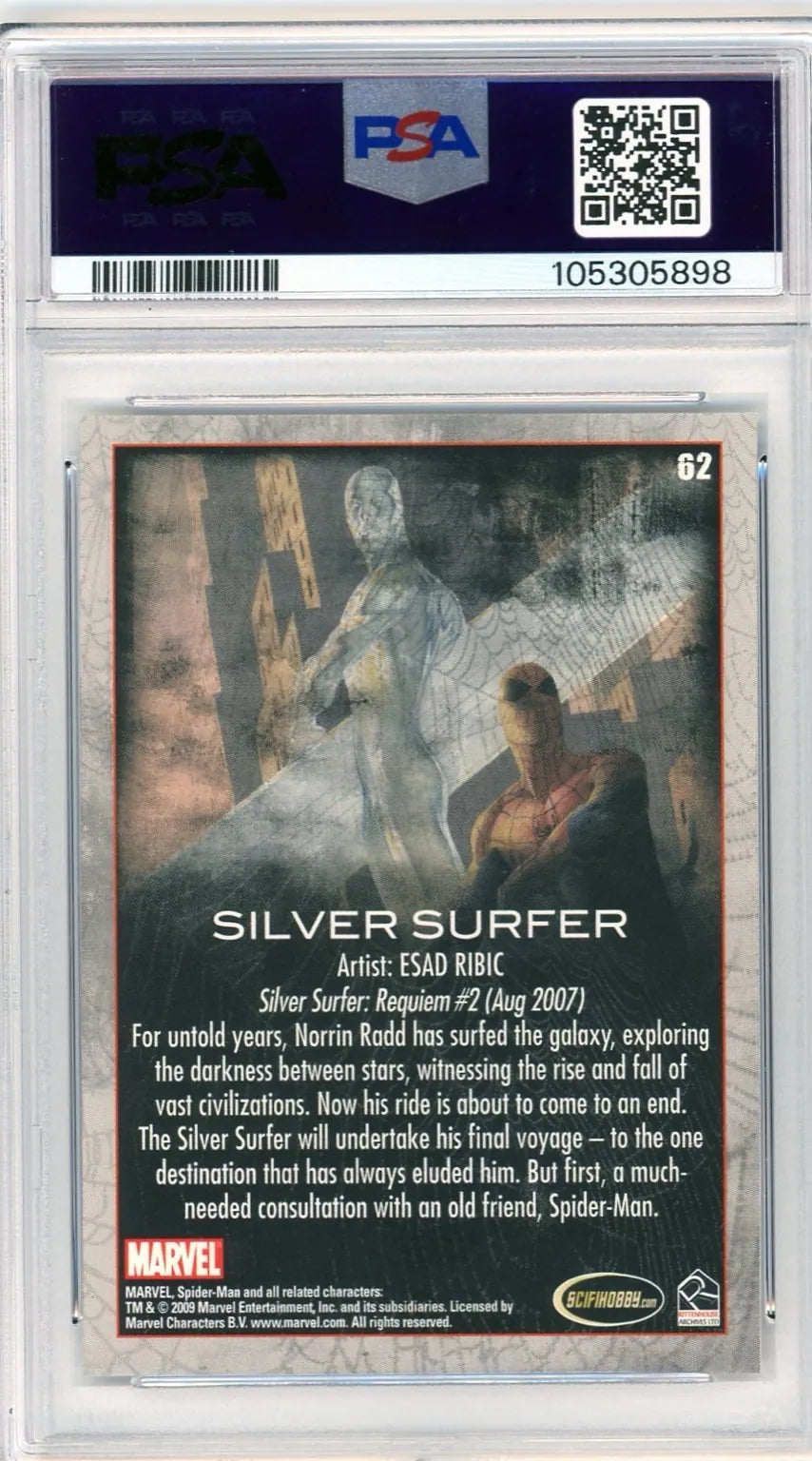 Back of Spider-Man Archives Silver Surfer #62 featuring Esad Ribic’s art with a summary from Silver Surfer: Requiem #2 (2007).