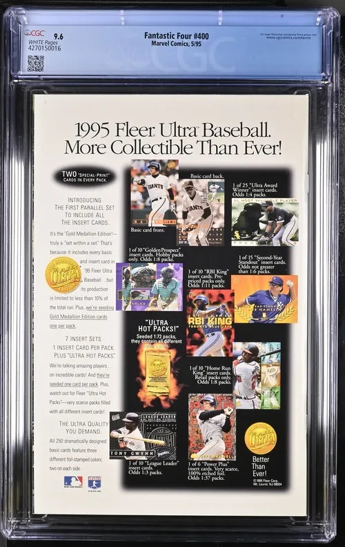 Back view of CGC slabbed Fantastic Four #400 comic showing 1995 Fleer Ultra Baseball ad.