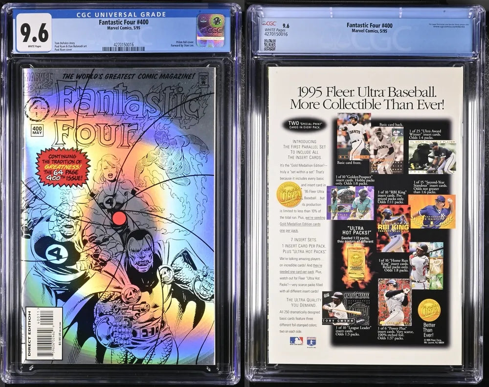 Side-by-side collage showing front and back of Fantastic Four #400 CGC 9.6 comic with hologram cover.