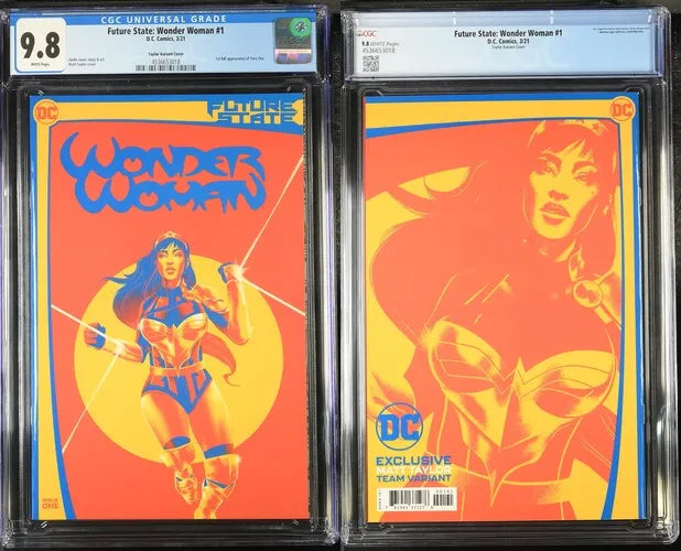 Side-by-side collage showing the front and back of the CGC 9.8 graded Future State: Wonder Woman #1