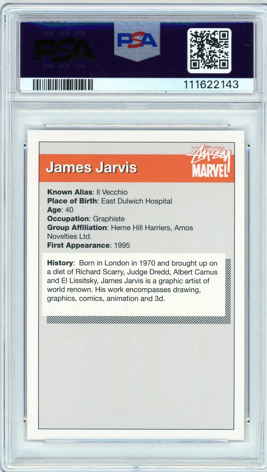 Back of the PSA-graded James Jarvis Stüssy Marvel trading card showing character details and biography.