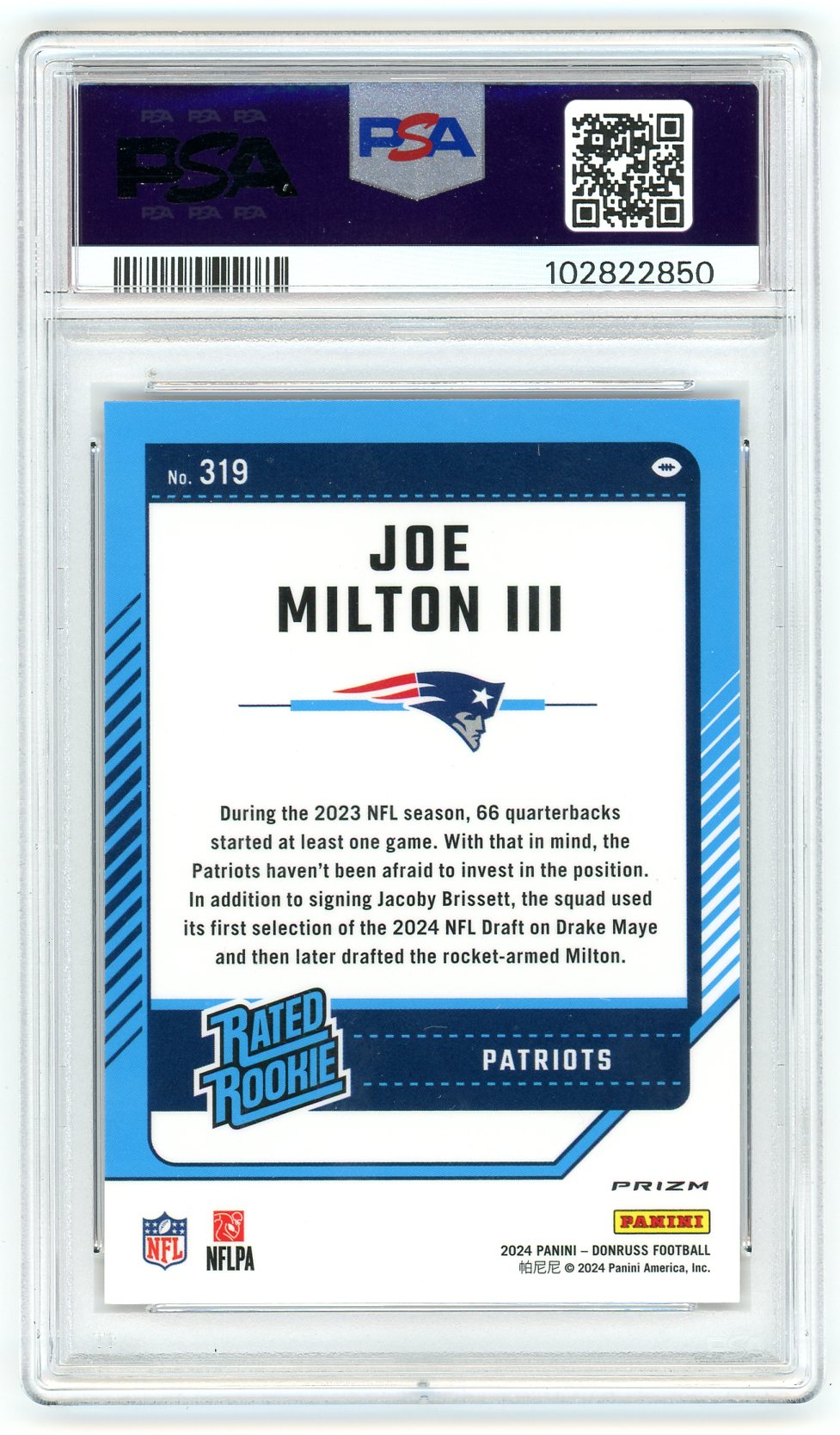 Back side of Joe Milton III 2024 Donruss Optic Preview Red Pandora Rated Rookie card, highlighting New England Patriots information.