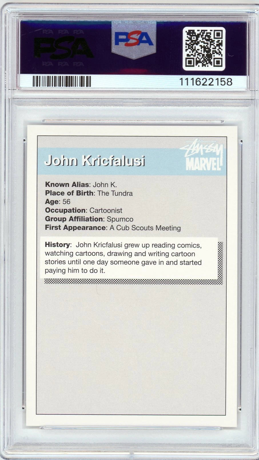 Back of PSA 10 graded Stussy Marvel card featuring John Kricfalusi, with bio details and early cartoonist history