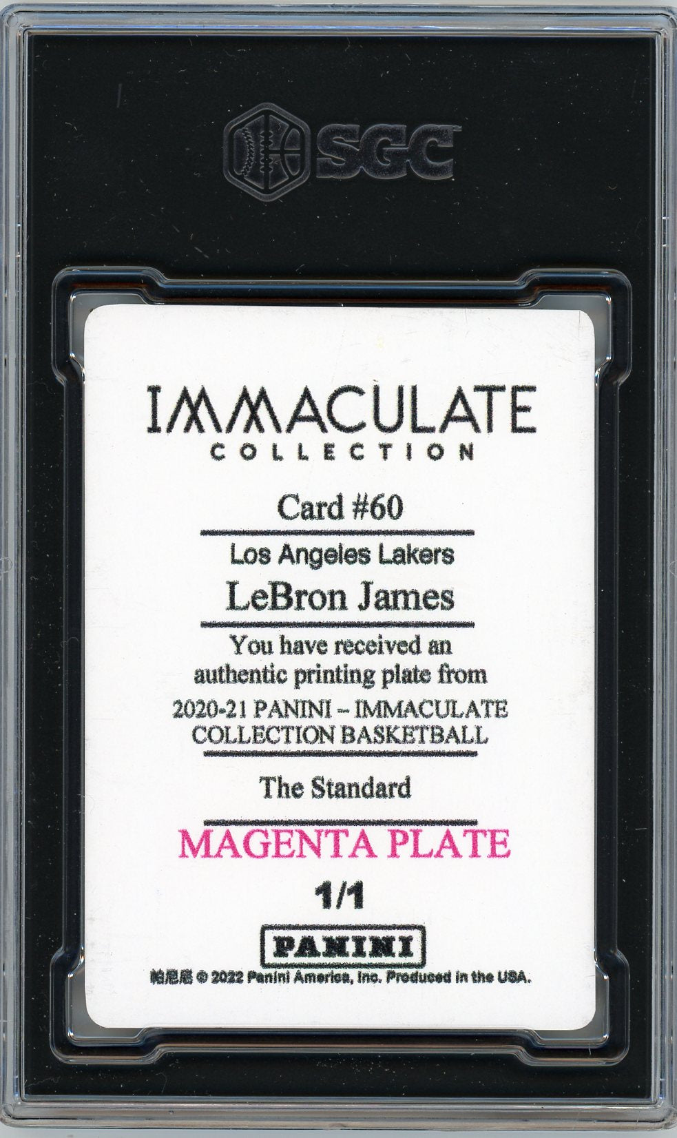 Back of LeBron James 2020-21 Panini Immaculate Magenta Printing Plate, confirming unique 1/1 authenticity.