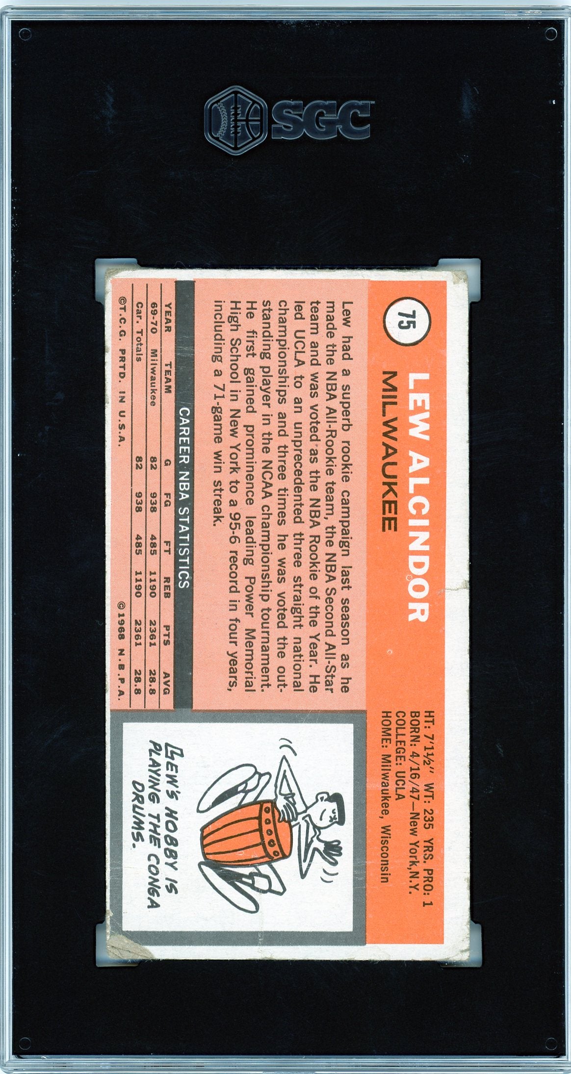 Back of Lew Alcindor's 1970-71 Topps card #75, featuring career statistics, biography, and cartoon illustration.