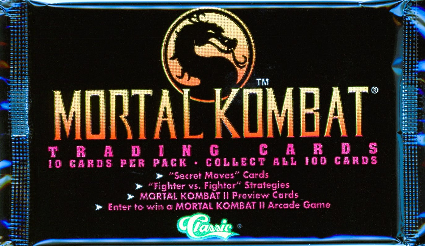 Sealed Mortal Kombat trading card pack by Classic, featuring 10 cards, 'Secret Moves,' and 'Fighter vs. Fighter' strategies