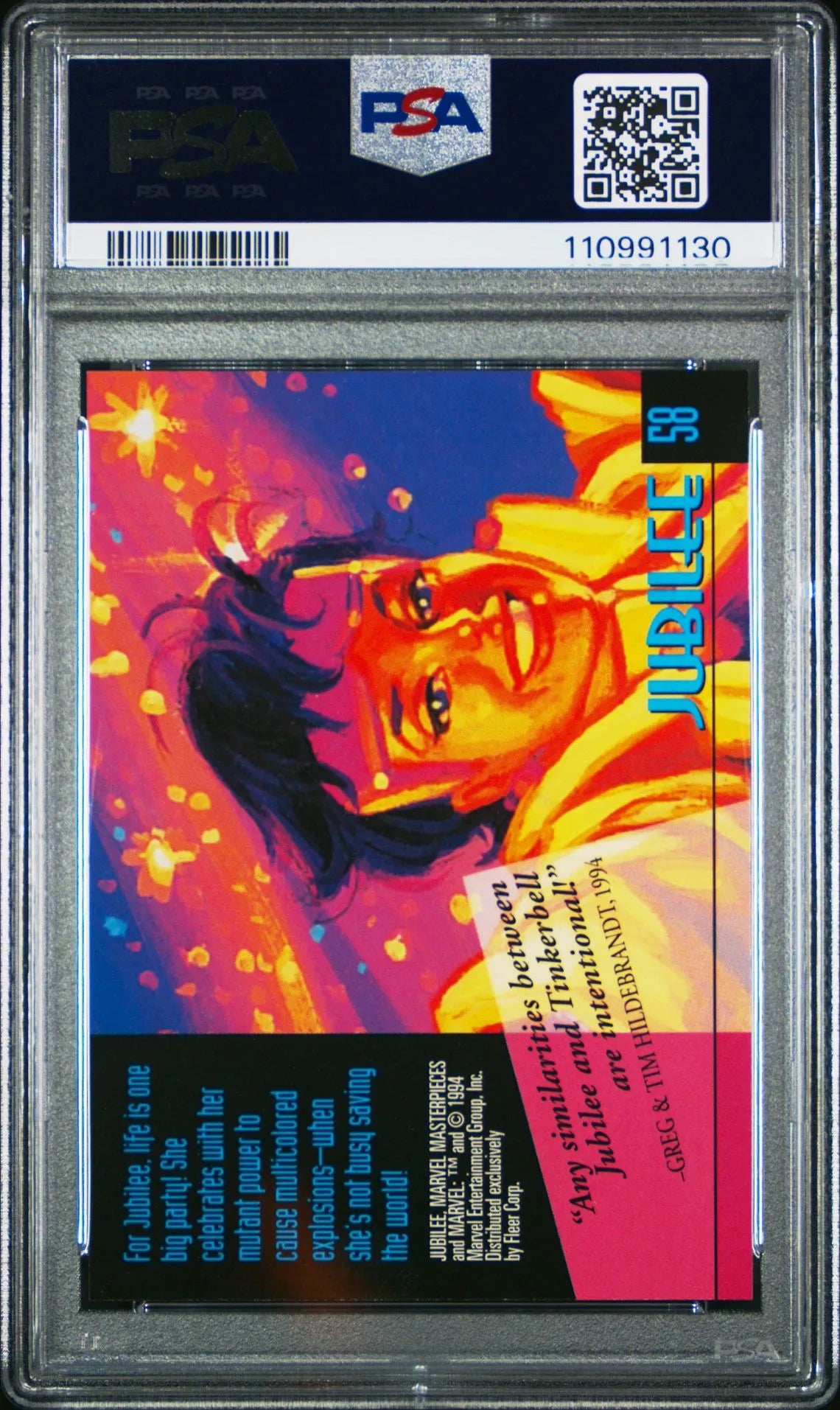 Back of PSA-slabbed 1994 Marvel Masterpieces Jubilee card, featuring character bio and Hildebrandt quote.