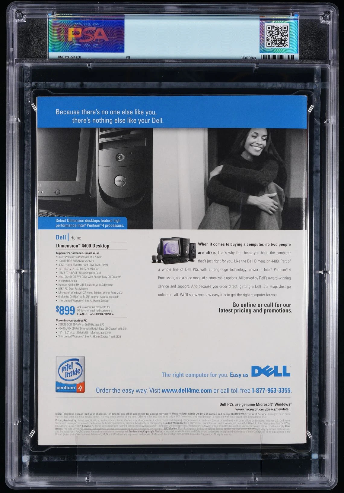 Back cover of PSA 9.8 graded TIME Magazine from May 20, 2002 featuring a Dell computer advertisement, preserved in PSA archival holder.