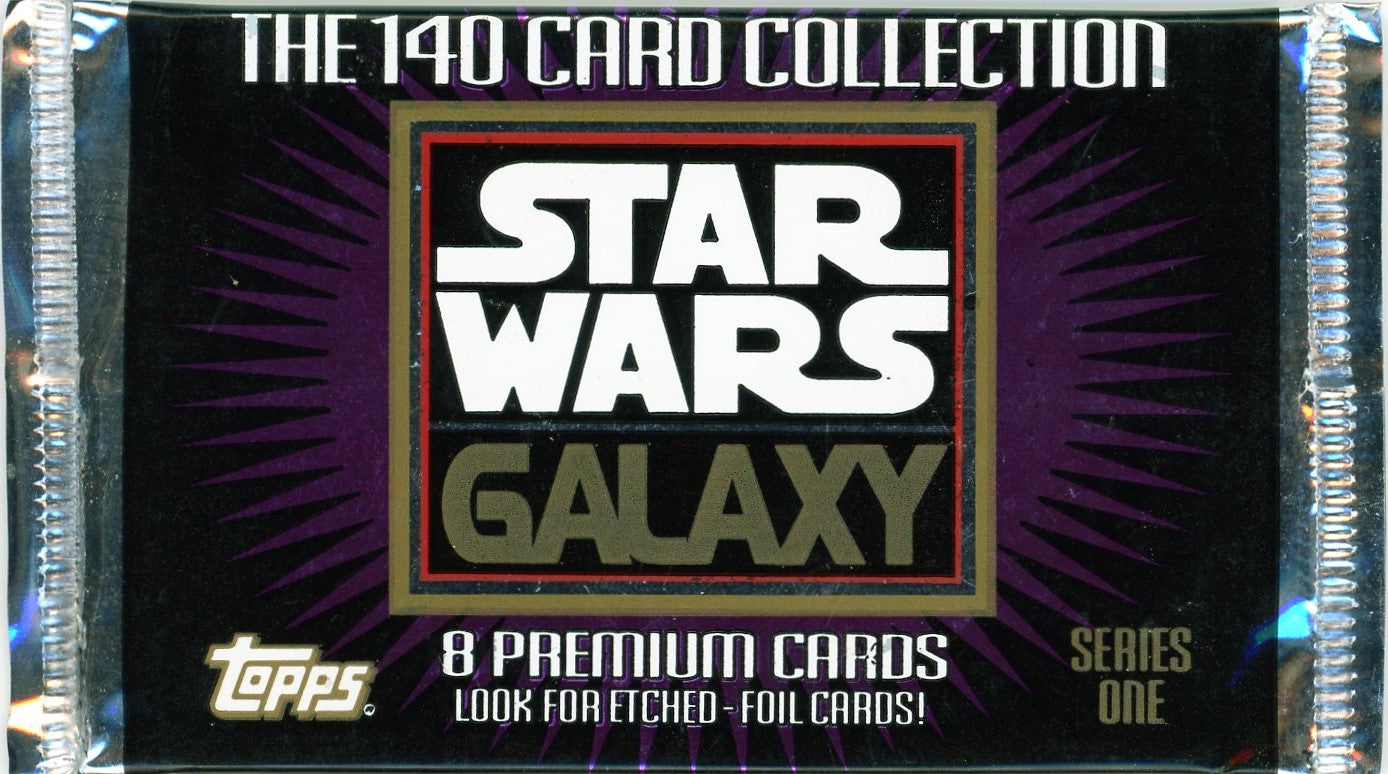 Sealed Star Wars Galaxy Series One trading card pack by Topps, featuring 8 premium cards with a chance for etched foil cards.