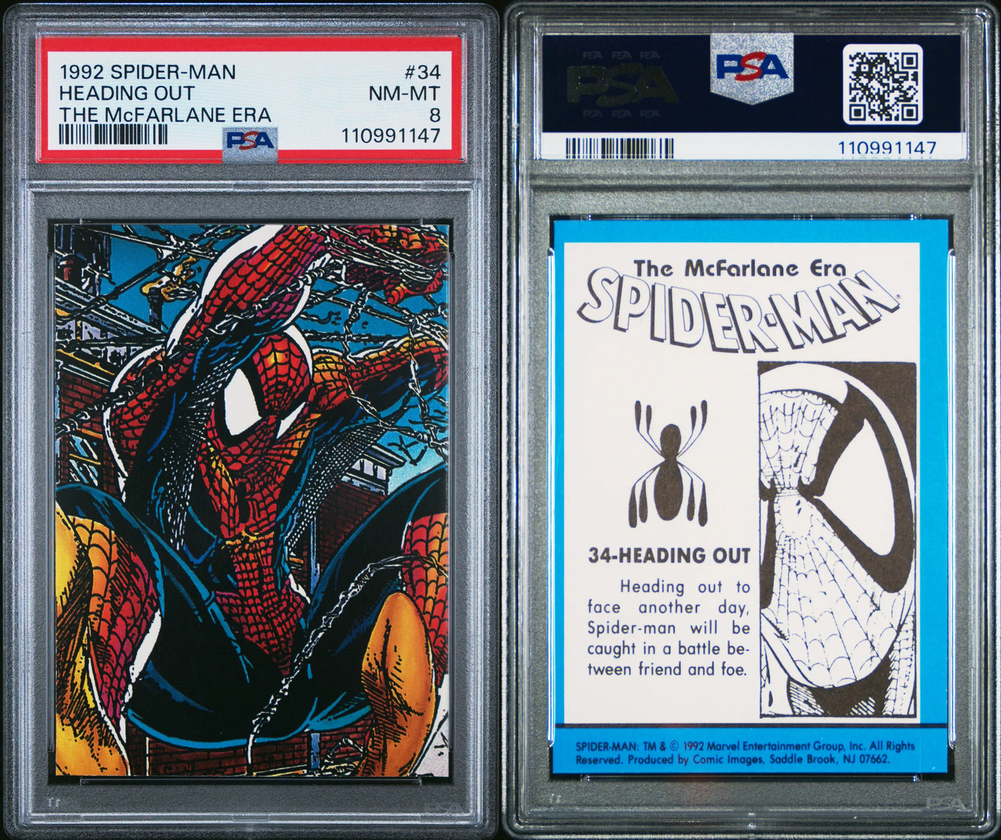 Front and back of 1992 Spider-Man Heading Out #34 PSA 8 trading card graded by PSA.