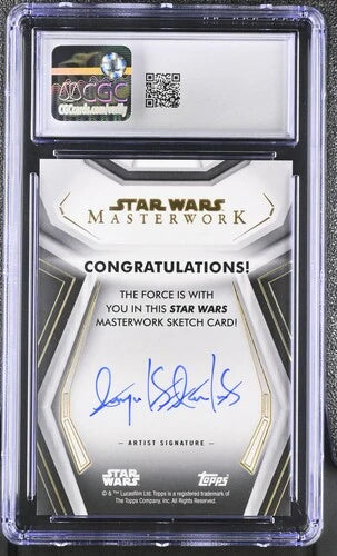 Back of 2020 Star Wars Masterwork Yoda sketch card showing 1/1 designation and Angel S. Aviles signature.