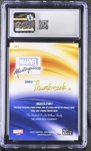 Back of 2023 Marvel Masterpieces Spider-Man sketch card showing artist signature Thumbtack and 1/1 original art certification.