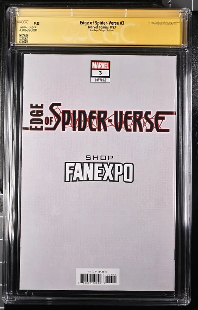 Back of CGC slabbed Edge of Spider-Verse #3 comic showing Fan Expo Shop label and certification.