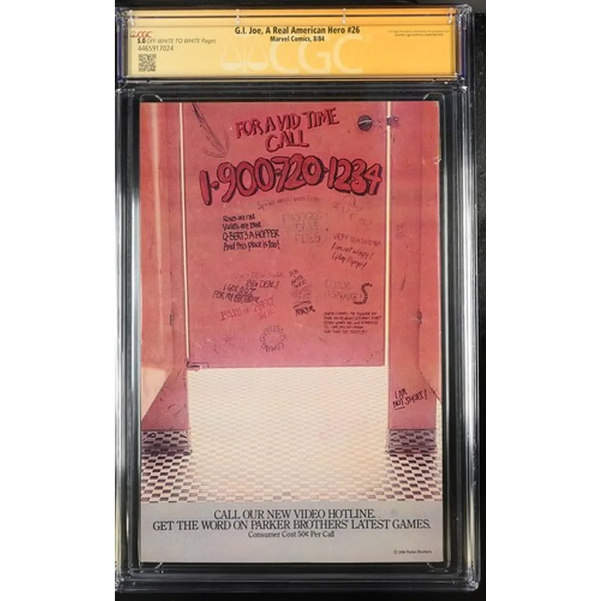 Back cover of CGC slabbed GI Joe #26 showing Parker Brothers ad and certification label.