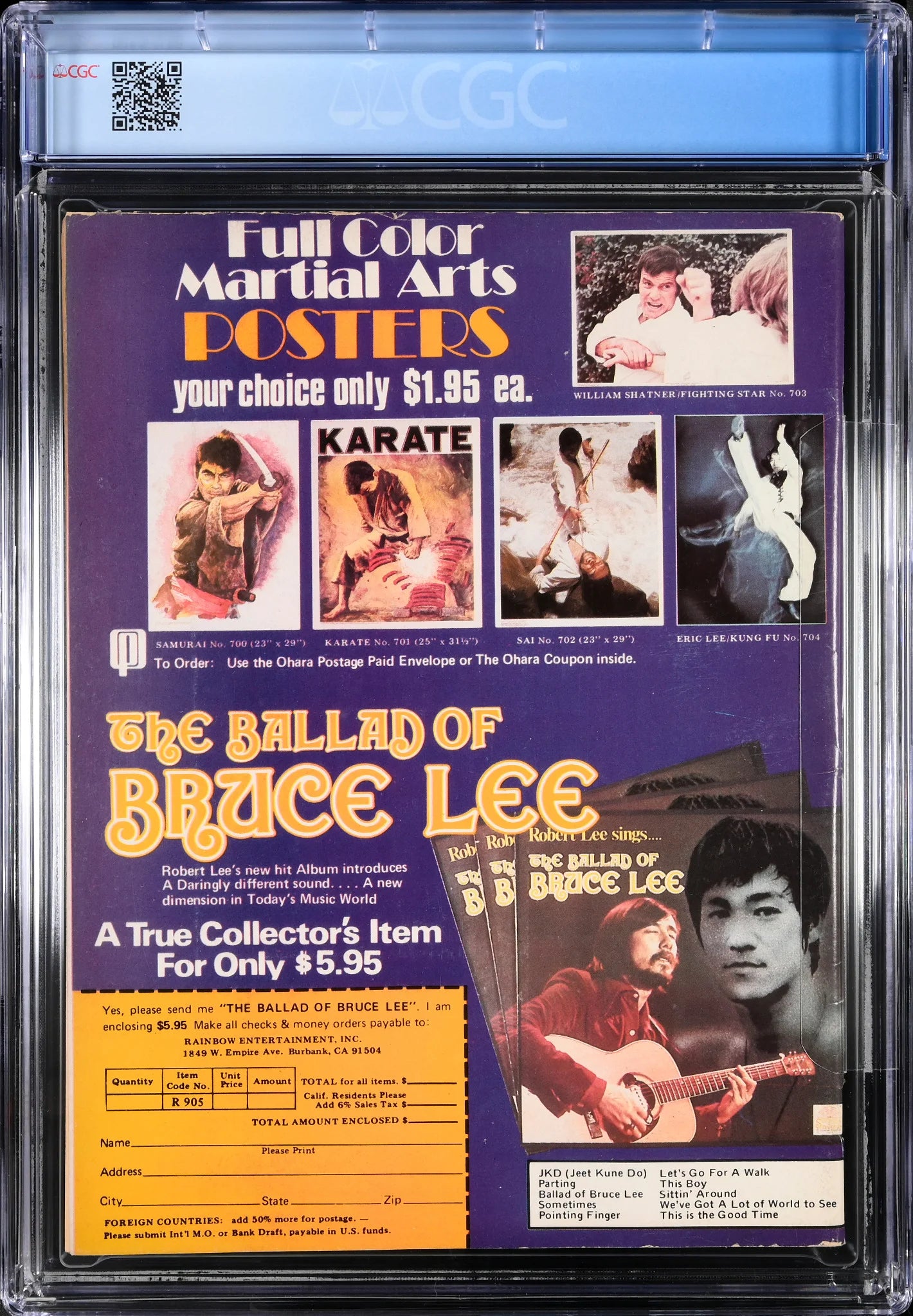 Back cover of Karate Illustrated magazine, showcasing martial arts posters and the 'Ballad of Bruce Lee' collectible album, March 1976 issue