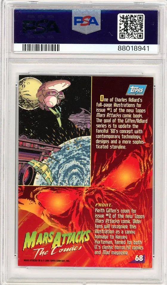 Back of PSA 10 Mars Attacks card with Topps comic artwork info and story background.