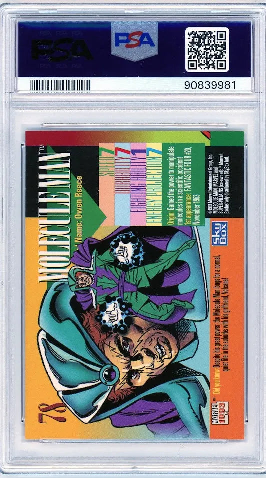 Back of PSA 10 Molecule Man card showing character stats, origin story, and illustrated comic bio layout.