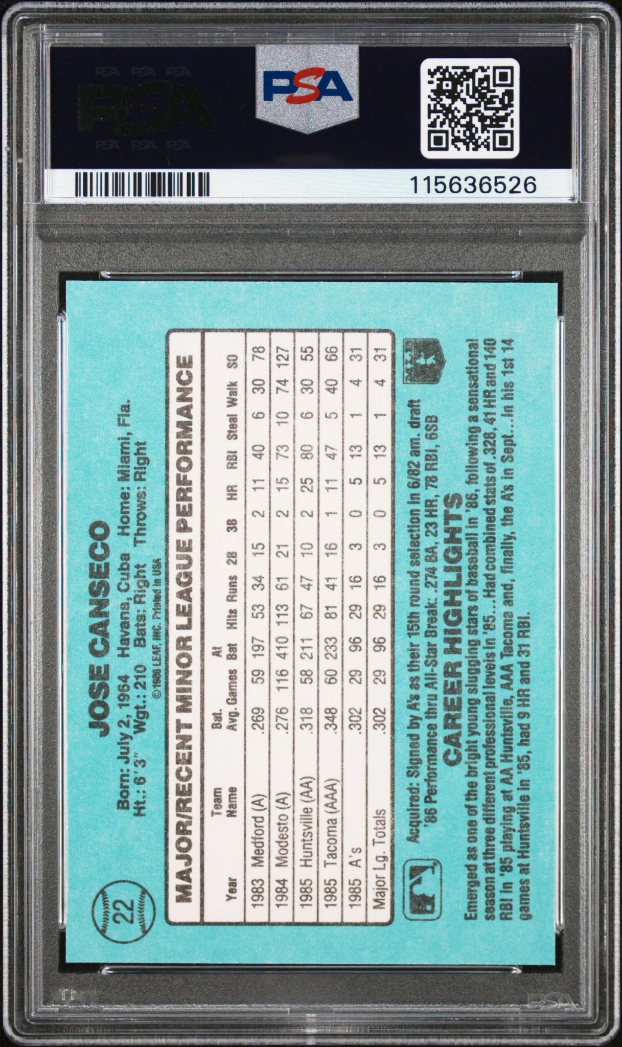 Back of Jose Canseco’s 1986 Donruss Rookies #22 card showing stats and PSA authentication.