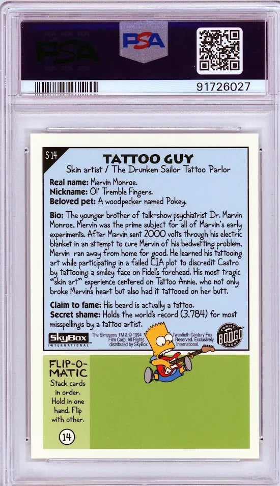 Back of Simpsons Tattoo Guy card featuring bio, secret shame, and Flip-O-Matic comic design.