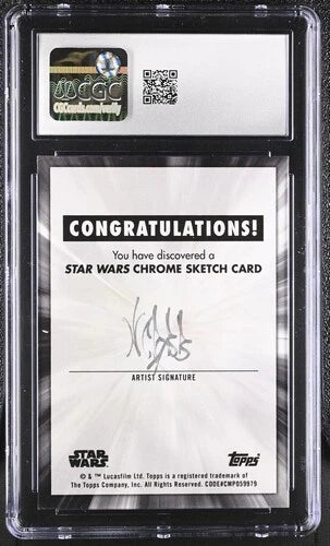 Back view of the Star Wars Chrome sketch card showing the official Topps congratulations card and original artist signature by William Crabb, encapsulated by CGC.