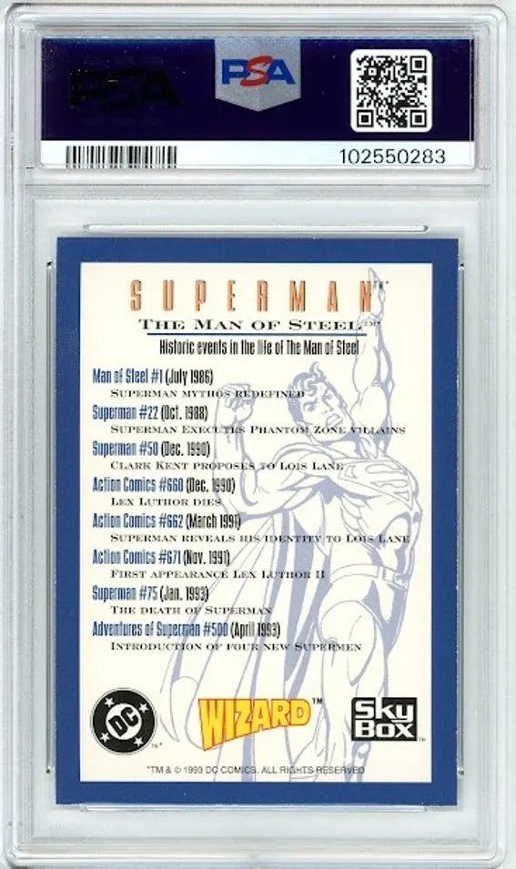 Back of 1993 SkyBox Superman #P1 card listing key Superman comic events, with PSA/DNA certification label.