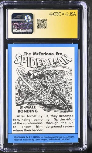 Back view of a 1992 Spider-Man The McFarlane Era #81 Male Bonding trading card signed by Todd McFarlane and authenticated by CGC Signature Series. The reverse includes character information, artwork details, and certification information within the CGC holder.