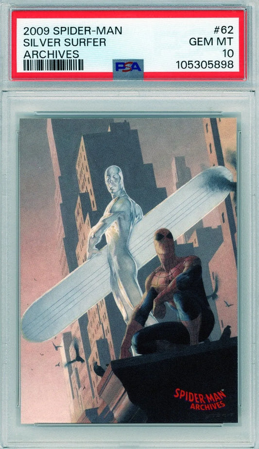 Front of 2009 Spider-Man Archives Silver Surfer #62, graded PSA 10, showing Silver Surfer with Spider-Man perched above the city.