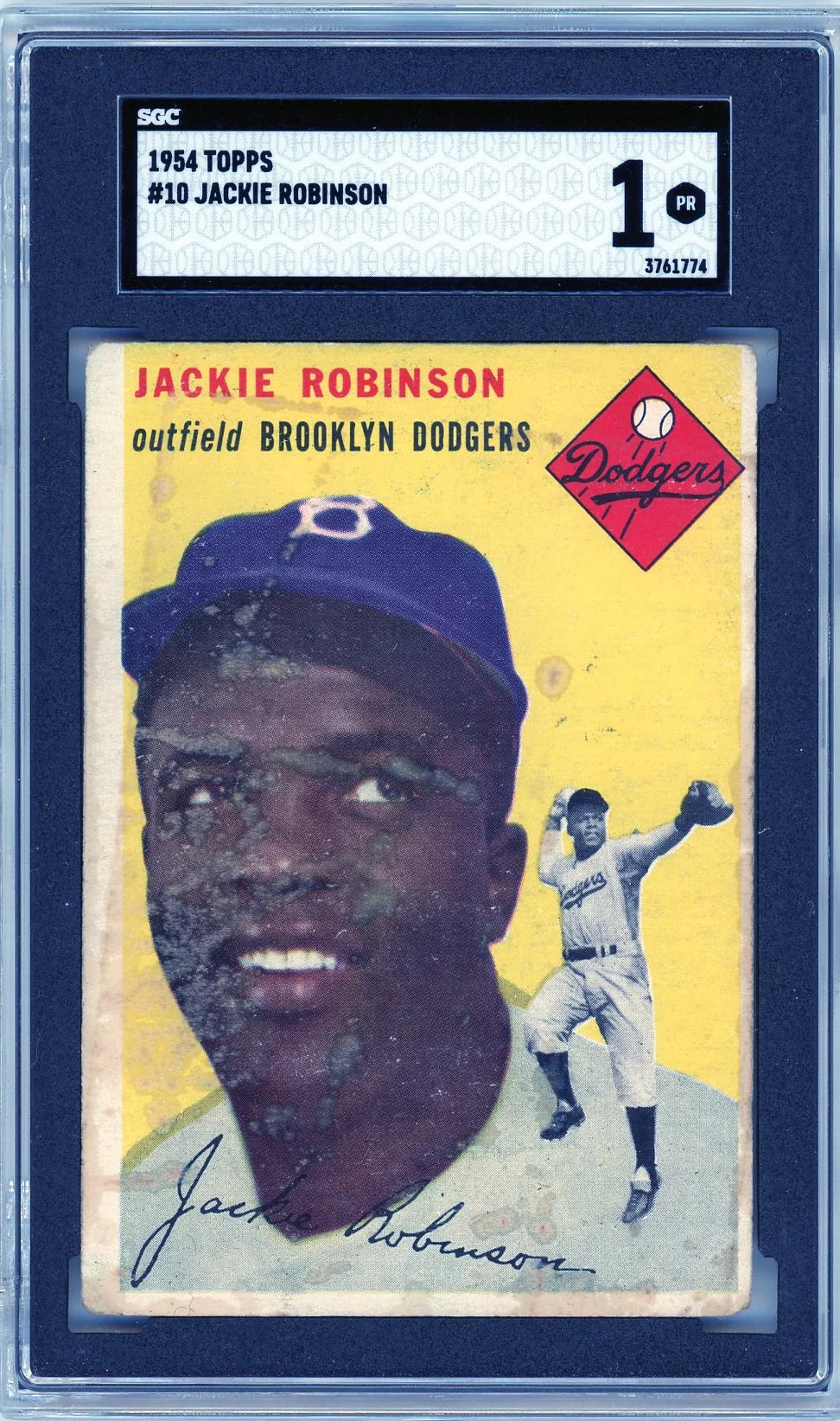 Front of 1954 Topps Jackie Robinson #10 baseball card graded SGC 1 PR with classic yellow design.