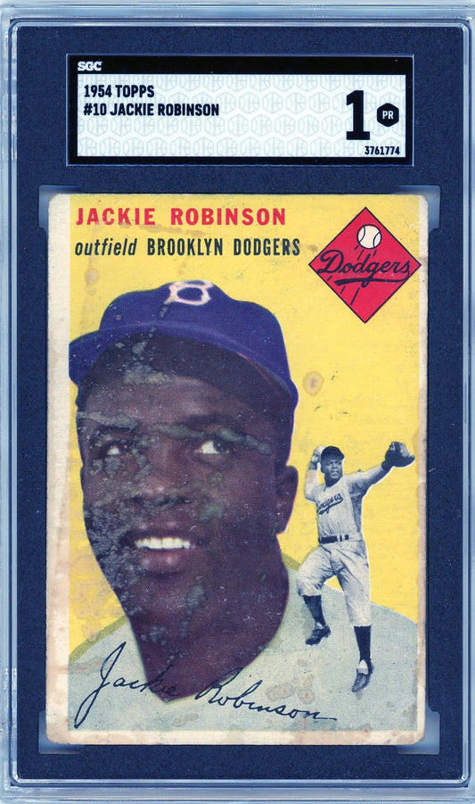 Front of 1954 Topps Jackie Robinson #10 baseball card graded SGC 1 PR with classic yellow design.