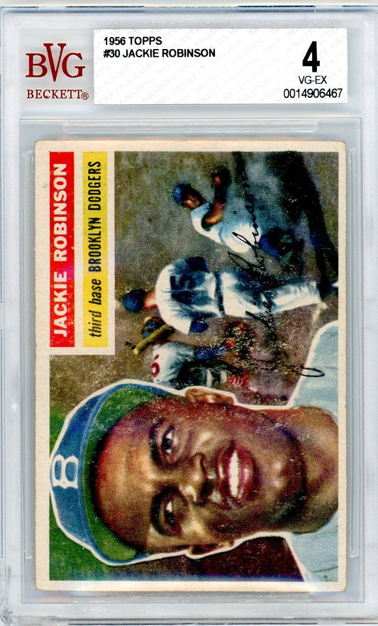 1956 Topps #30 Jackie Robinson baseball card with BVG grading label