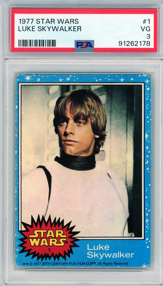 Front image of the 1977 Star Wars #1 Luke Skywalker rookie card graded PSA 3, showing Luke in stormtrooper gear.