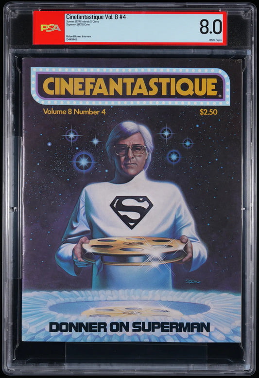 Front of 1979 Cinefantastique Volume 8 Number 4 featuring Superman, graded PSA 8.0, with “Donner on Superman” cover artwork displayed in a PSA slab.