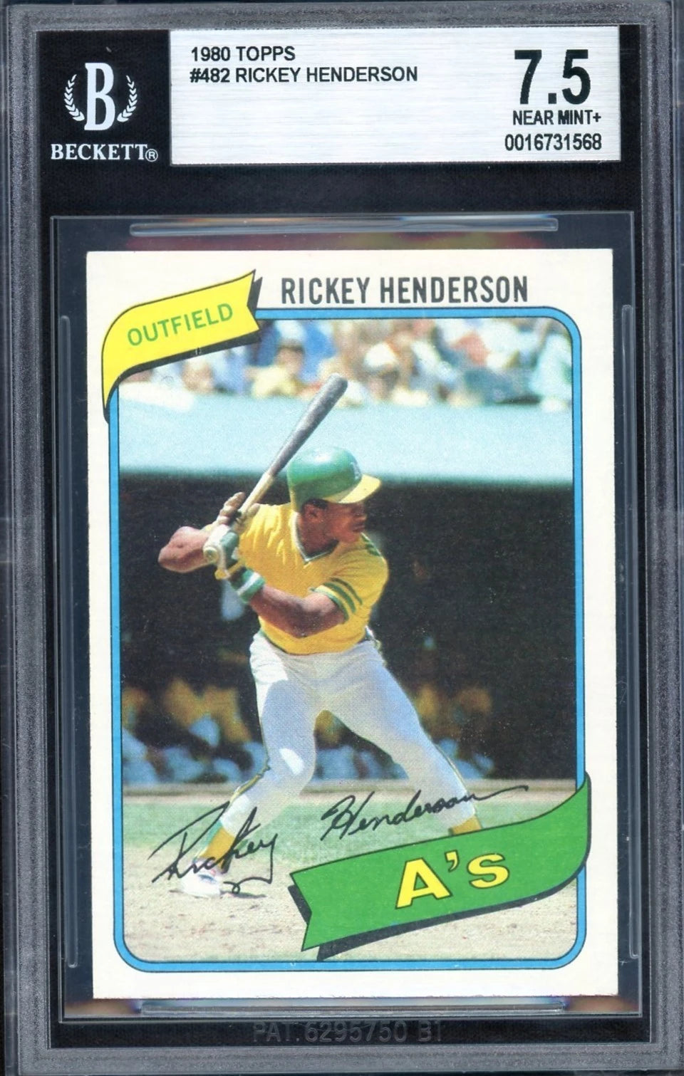 Front view of a 1980 Topps Rickey Henderson rookie card #482 graded Beckett BGS 7.5 Near Mint+, featuring Henderson batting for the Oakland A’s.