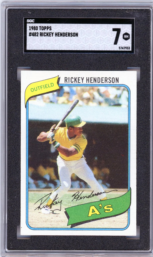 Baseball trading card of Rickey Henderson with a black border and 'A's' logo.