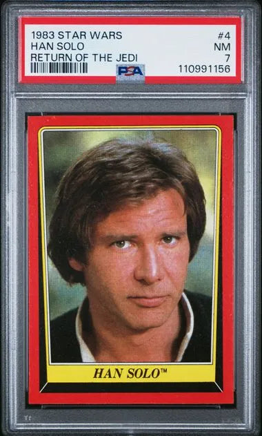 Front and back of 1983 Topps Return of the Jedi Han Solo card featuring Harrison Ford, graded PSA 7.