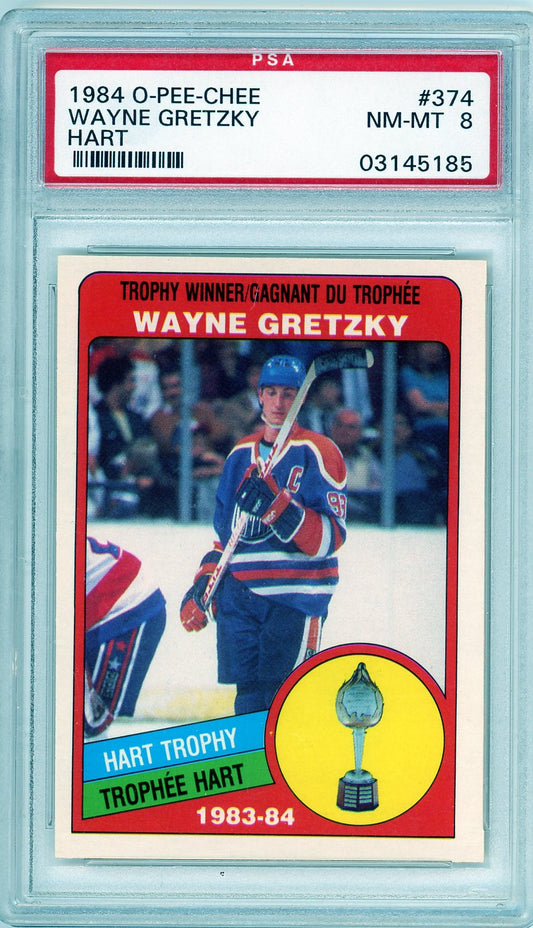 1984 O-Pee-Chee Wayne Gretzky Hart Trophy #374 hockey card, graded PSA 8 NM-MT, featuring 'The Great One' during his Edmonton Oilers era