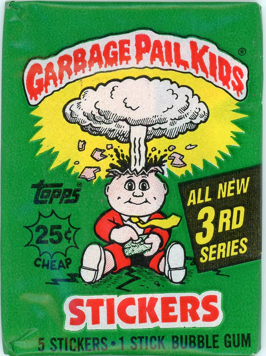 Sealed Garbage Pail Kids 3rd Series 1986 trading card pack by Topps featuring 5 stickers and 1 stick of bubble gum, marked 25¢