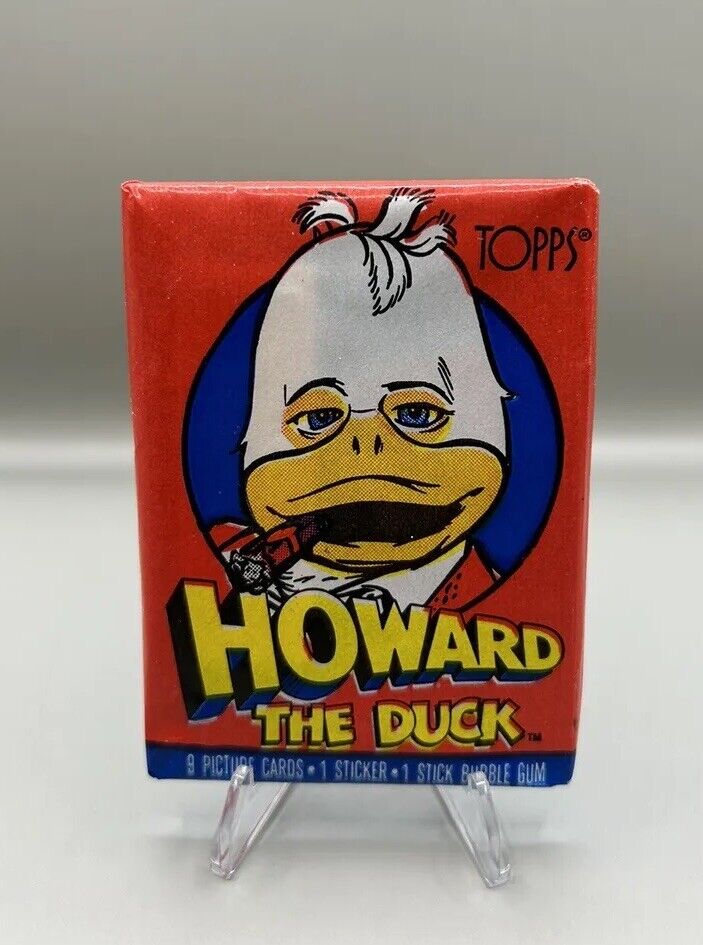 Front view of a 1986 sealed Topps Howard the Duck trading card pack featuring iconic artwork of Howard, 