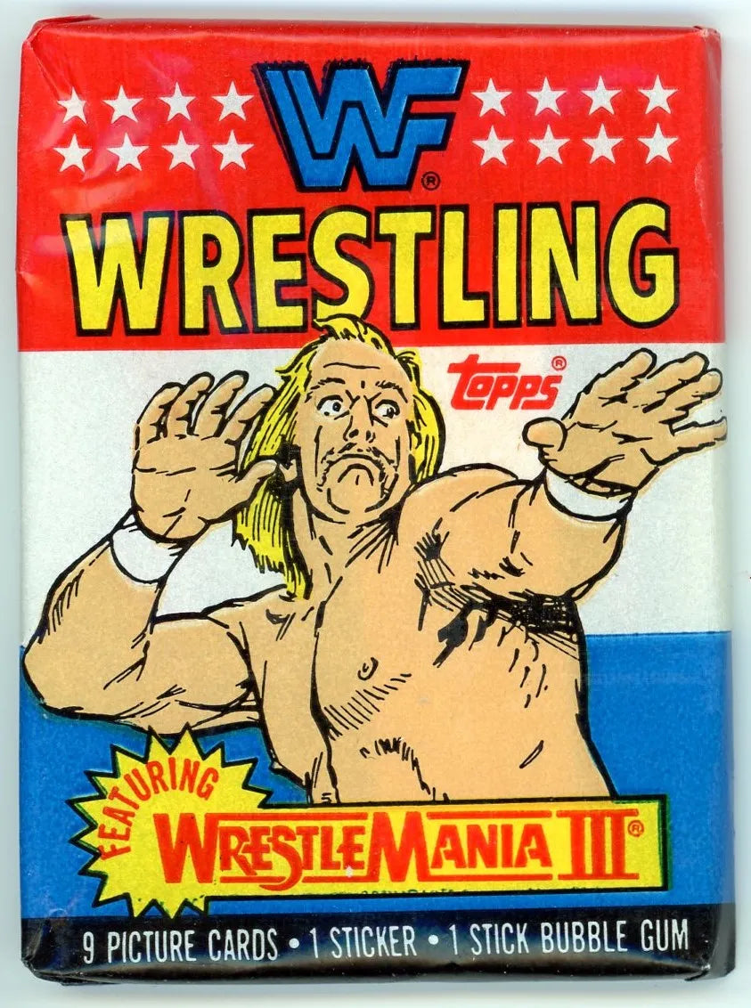 Sealed 1987 WWF Wrestling WrestleMania III trading card pack by Topps, featuring 9 cards, 1 sticker.