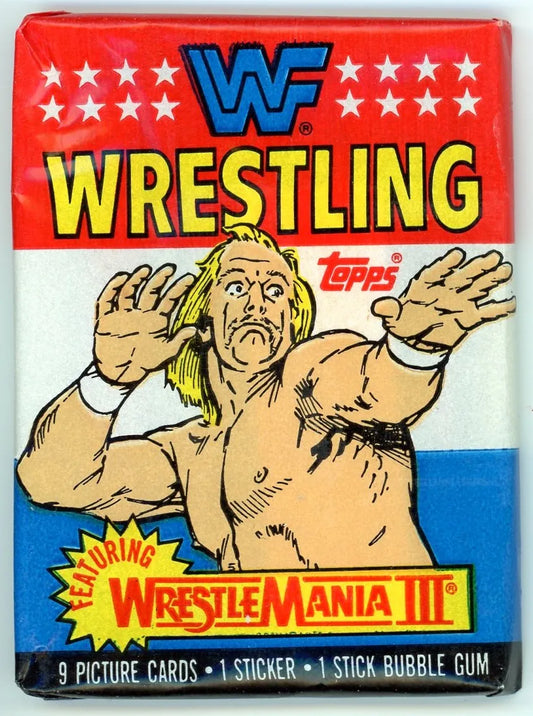 Sealed 1987 WWF Wrestling WrestleMania III trading card pack by Topps, featuring 9 cards, 1 sticker.