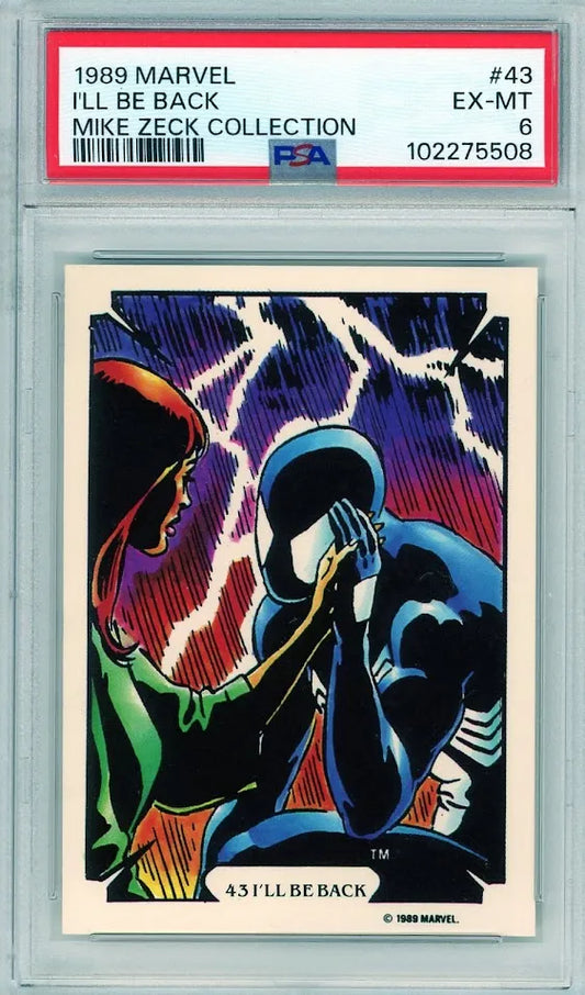 Front of 1989 Marvel Mike Zeck Collection #43 "I'll Be Back" card graded PSA 6, featuring Spider-Man and Mary Jane.