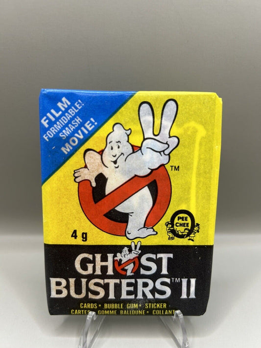 Sealed 1989 Ghostbusters II trading card wax pack by O-Pee-Chee, containing 5 cards, 1 sticker, and 1 stick of bubble gum, featuring movie scenes