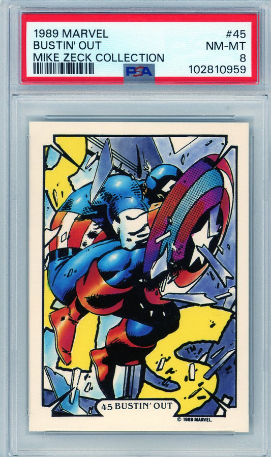 Front image of 1989 Marvel Bustin' Out #45 Captain America card from the Mike Zeck Collection, graded PSA 8.