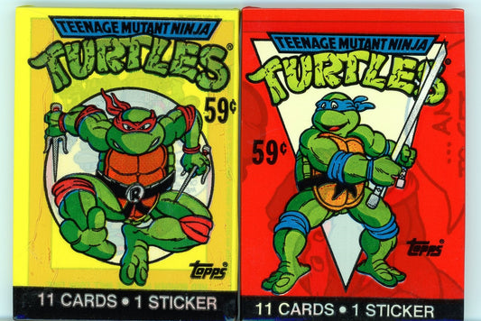 1989 Teenage Mutant Ninja Turtles Topps wax packs featuring yellow Raphael and red Leonardo covers. Each pack contains 11 cards and 1 sticker