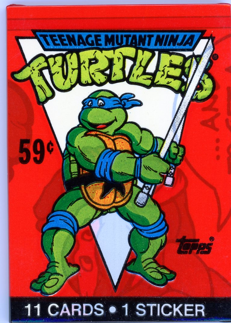 Original 1989 TMNT Topps wax pack showcasing Leonardo on the red front cover. Contains 11 collectible cards and 1 sticker. Great for retro collectors