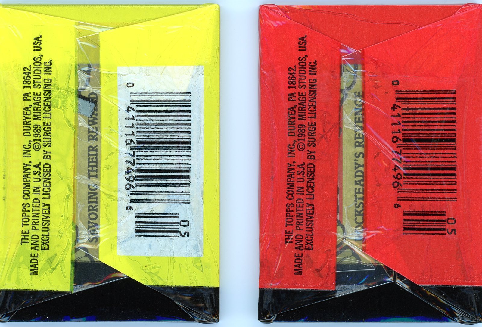 Back view of 1989 Teenage Mutant Ninja Turtles Topps wax packs featuring yellow and red packs. Printed and licensed by Mirage Studios, USA. Authentic TMNT vintage memorabilia.

