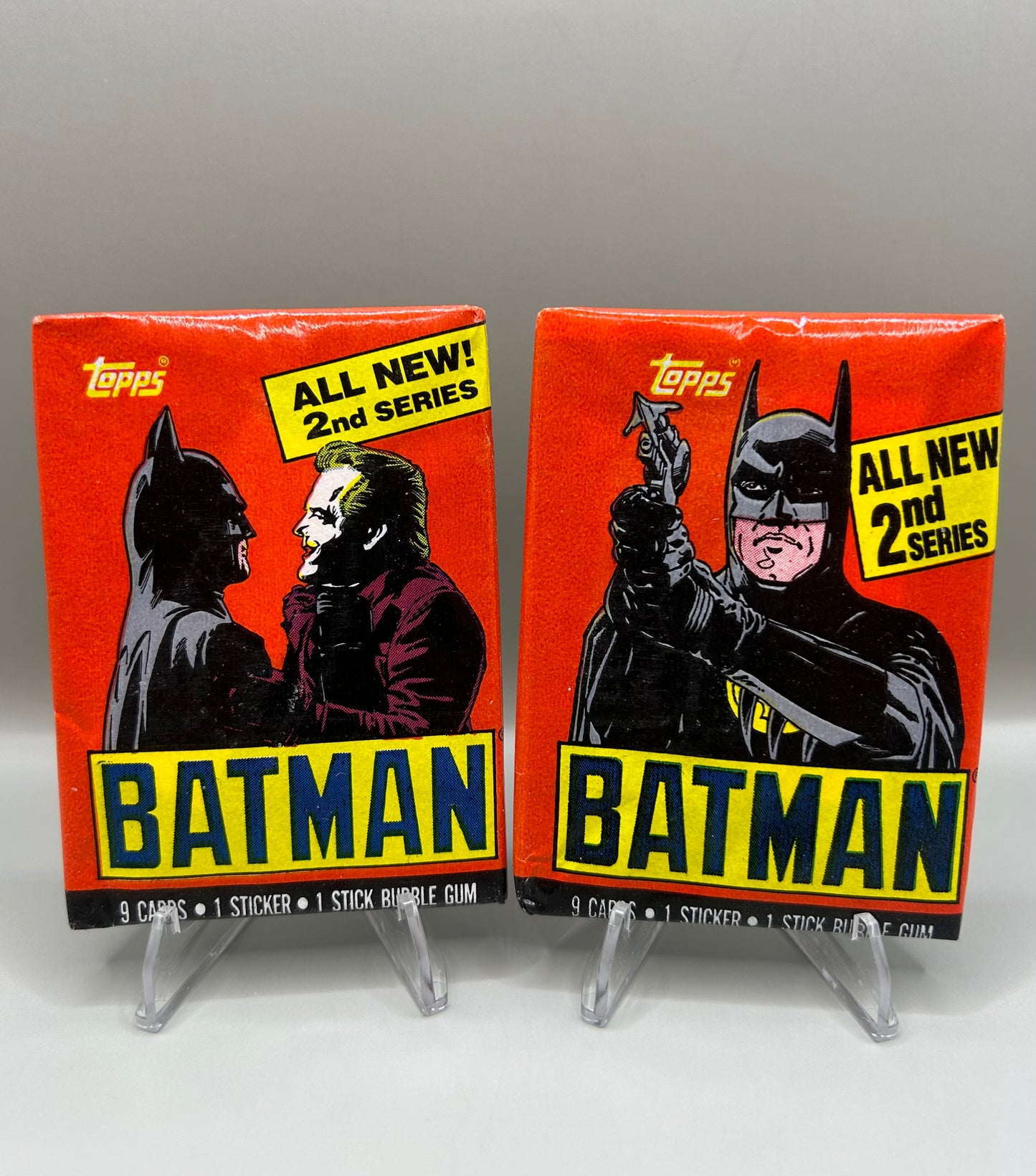 1989 Topps Batman 2nd Series sealed wax packs featuring artwork from the Batman movie, including 9 cards and 1 sticker per pack
