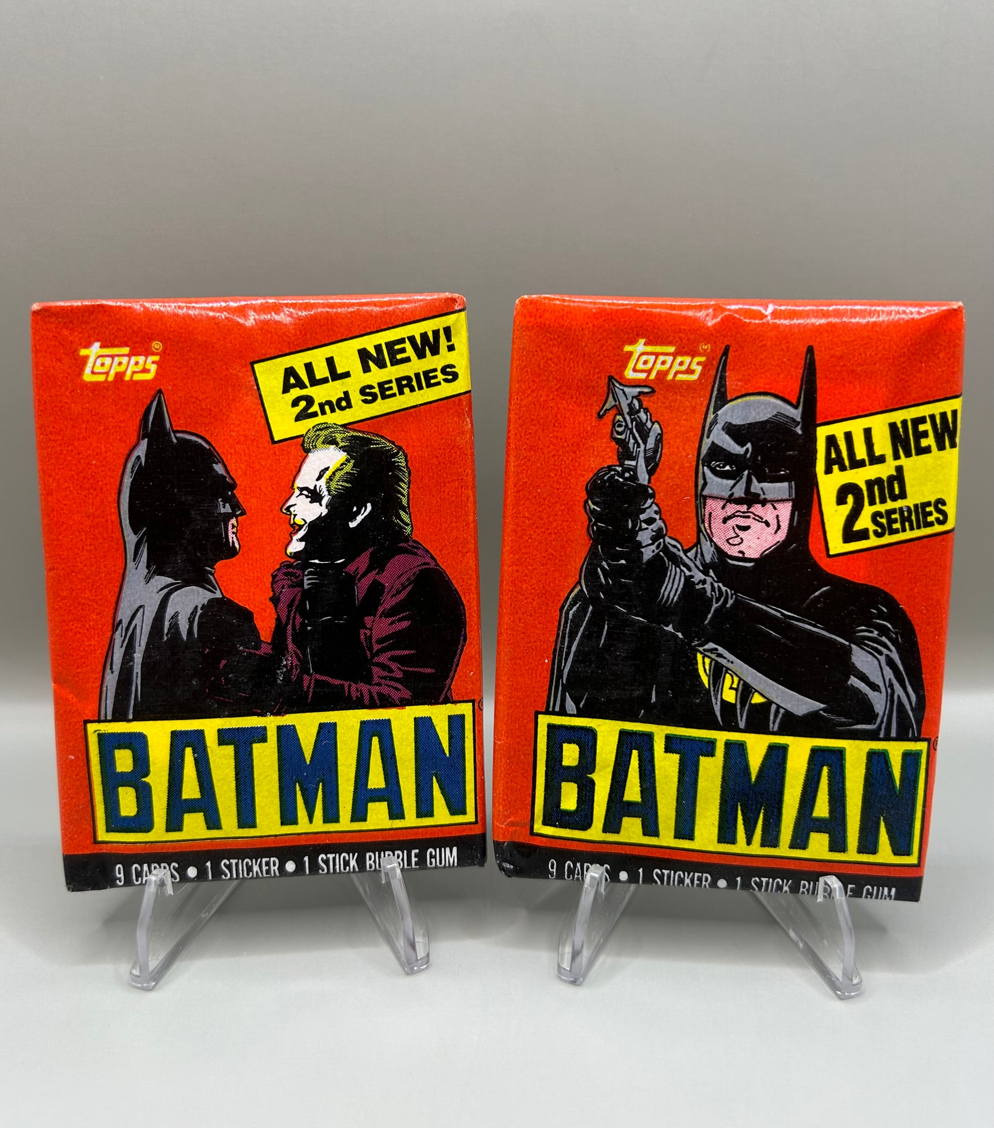 1989 Topps Batman 2nd Series sealed wax packs featuring artwork from the Batman movie, including 9 cards and 1 sticker per pack