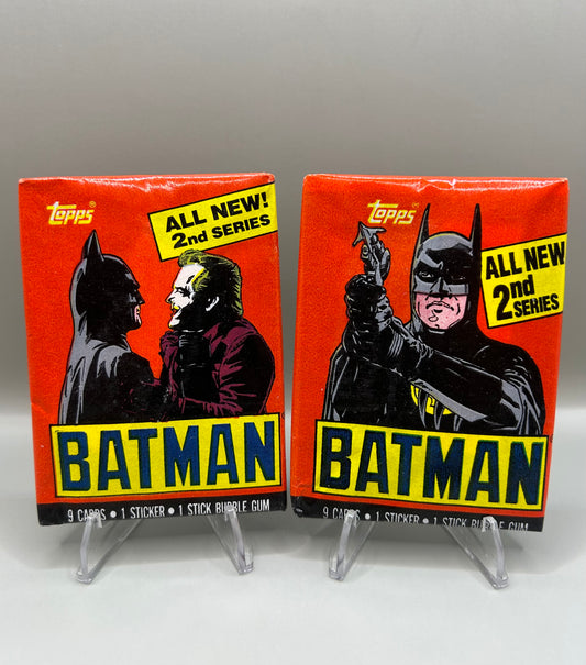 1989 Topps Batman 2nd Series sealed wax packs featuring artwork from the Batman movie, including 9 cards and 1 sticker per pack