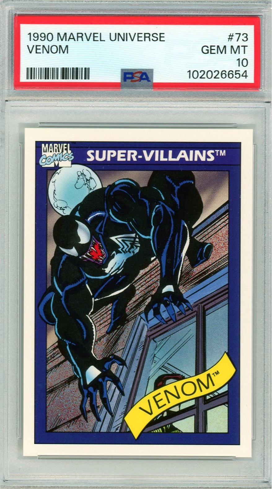  Front image of 1990 Marvel Universe Venom card #73 graded PSA 10 GEM MINT, featuring Venom in a dynamic crouch on the window.